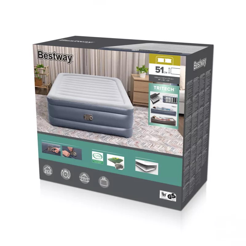 Bestway Tritech ilmapatja Queen integroidulla AC-pumpulla ja antimikrobisella pinnoitteella 2,03 m x 1,52 m x 51 cm