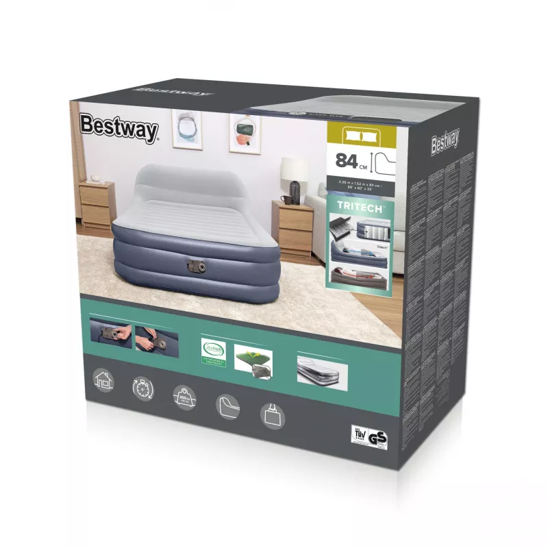 Bestway Tritech SleekFlow päätyilmapatja Queen integroidulla AC-pumpulla ja antimikrobisella pinnoitteella 2,26 m x 1,52 m x 84 cm