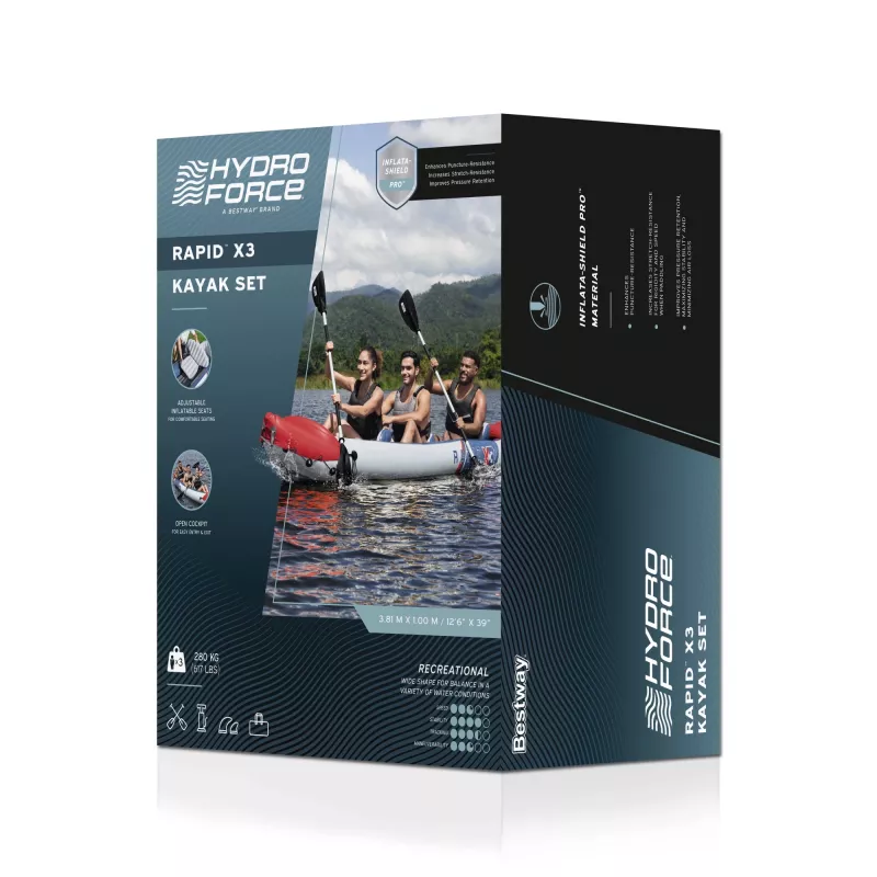 Bestway Hydro Force Rapid X3 ilmalla täytettävä 3 hengen kajakkisetti 3,81 m
