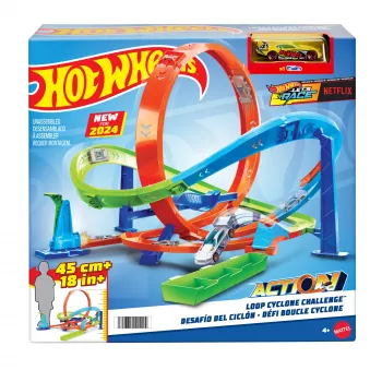 Hot Wheels Action Loop Cyclone Challenge -ratasarja 1:64-mittakaavan leikkiautolla, helppo säilytys