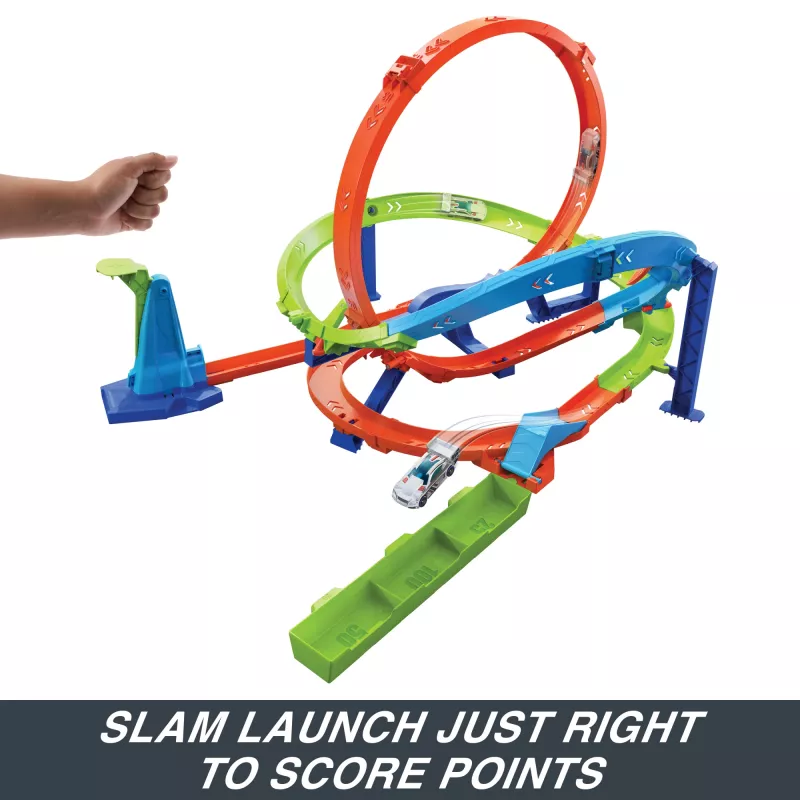 Hot Wheels Action Loop Cyclone Challenge -ratasarja 1:64-mittakaavan leikkiautolla, helppo säilytys