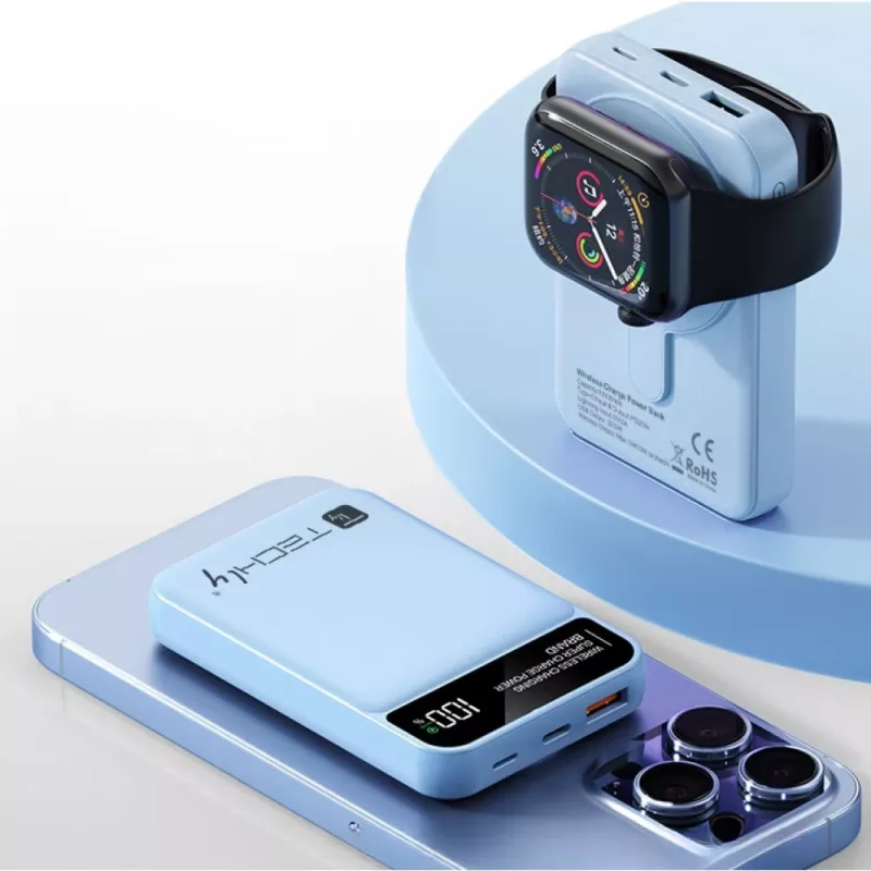 Techly I-CHARGE-10LCDBL varavirtalähde litiumpolymeeri (LiPo) 10000 mAh langaton lataus sininen