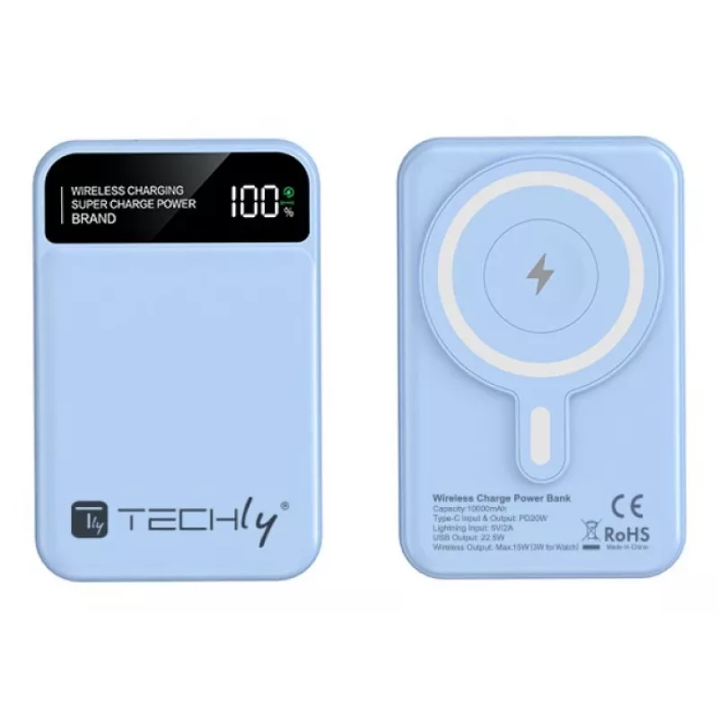 Techly I-CHARGE-10LCDBL varavirtalähde litiumpolymeeri (LiPo) 10000 mAh langaton lataus sininen
