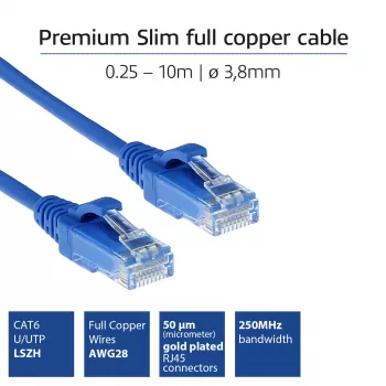 ACT sininen 5 m LSZH U/UTP CAT6 datakeskus Slimline -patchkaapeli ilman lukituskielekettä RJ45-liittimillä