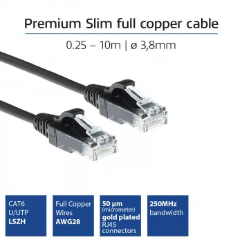 ACT musta 0,5 m LSZH U/UTP CAT6 datakeskus Slimline -patchkaapeli ilman lukituskielekettä RJ45-liittimillä