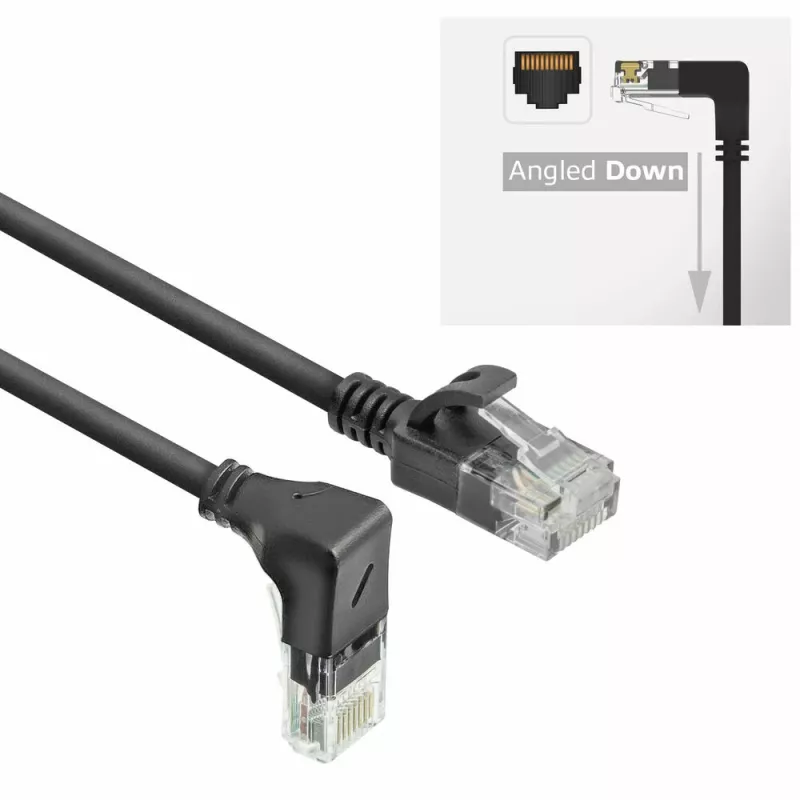 ACT musta 1,5 m U/UTP CAT6A LSZH Slimline -patchkaapeli RJ45-liittimillä 90° alaspäin kulma suoraan