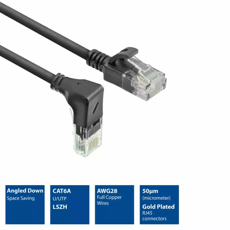 ACT musta 1,5 m U/UTP CAT6A LSZH Slimline -patchkaapeli RJ45-liittimillä 90° alaspäin kulma suoraan