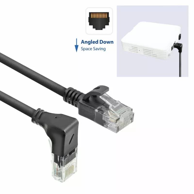 ACT musta 1,5 m U/UTP CAT6A LSZH Slimline -patchkaapeli RJ45-liittimillä 90° alaspäin kulma suoraan