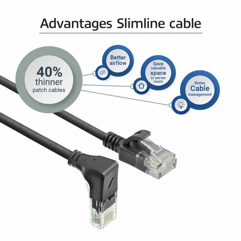 ACT musta 1,5 m U/UTP CAT6A LSZH Slimline -patchkaapeli RJ45-liittimillä 90° alaspäin kulma suoraan