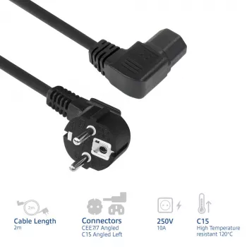 ACT virtajohto verkkopistoke CEE7/7 (kulma) - C15 (kulma vasen) IEC60320 musta 2 m