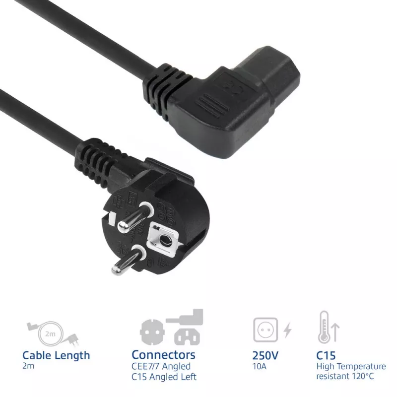 ACT virtajohto verkkopistoke CEE7/7 (kulma) - C15 (kulma vasen) IEC60320 musta 2 m