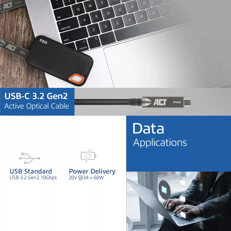 ACT USB-C 3.2 Gen2 aktiivinen optinen kaapeli (AOC), kosketusnäytöille, video, data, virta, 3 m