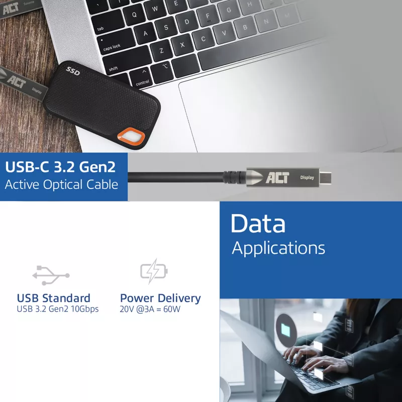ACT USB-C 3.2 Gen2 aktiivinen optinen kaapeli (AOC), kosketusnäytöille, video, data, virta, 5 m