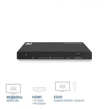 ACT 4K HDMI-jakaja, 1 sisään 4 ulos, EDID-tuki, HDMI, 4x HDMI, 3840 x 2160 pikseliä, musta, 4K Ultra HD, 10,2 Gbit/s