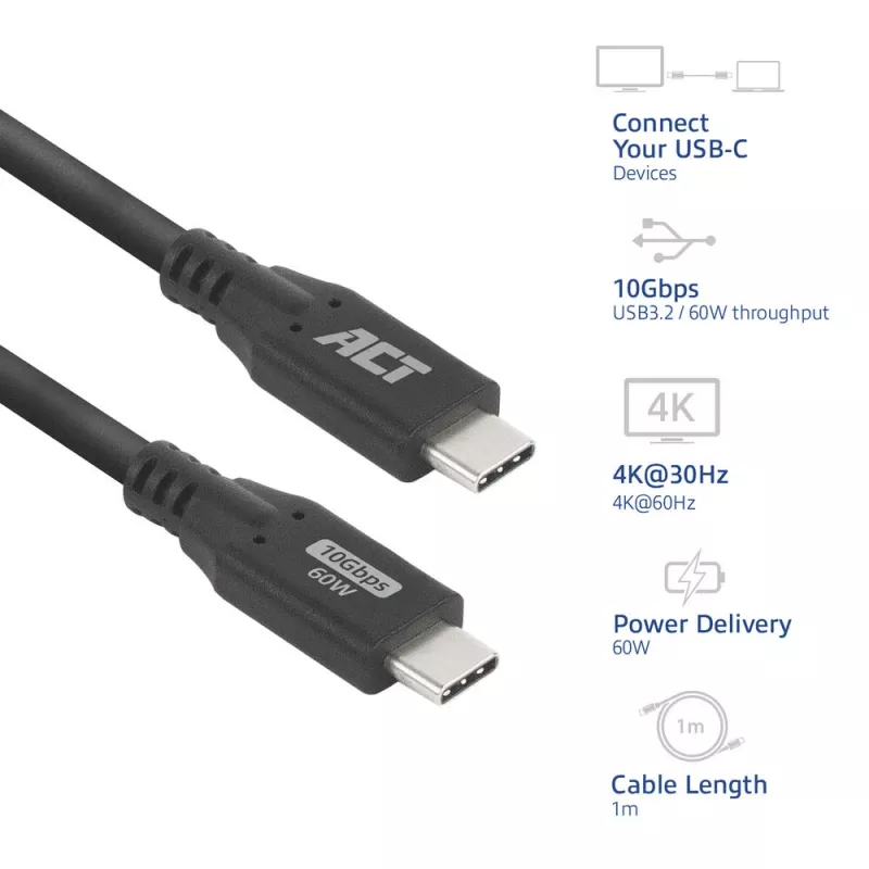 ACT USB 3.0 10Gbps 60W USB Type-C-kaapeli, 1 metri, 1 m, USB C, USB C, USB 3.2 Gen 2 (3.1 Gen 2), 10 Gbit/s, musta