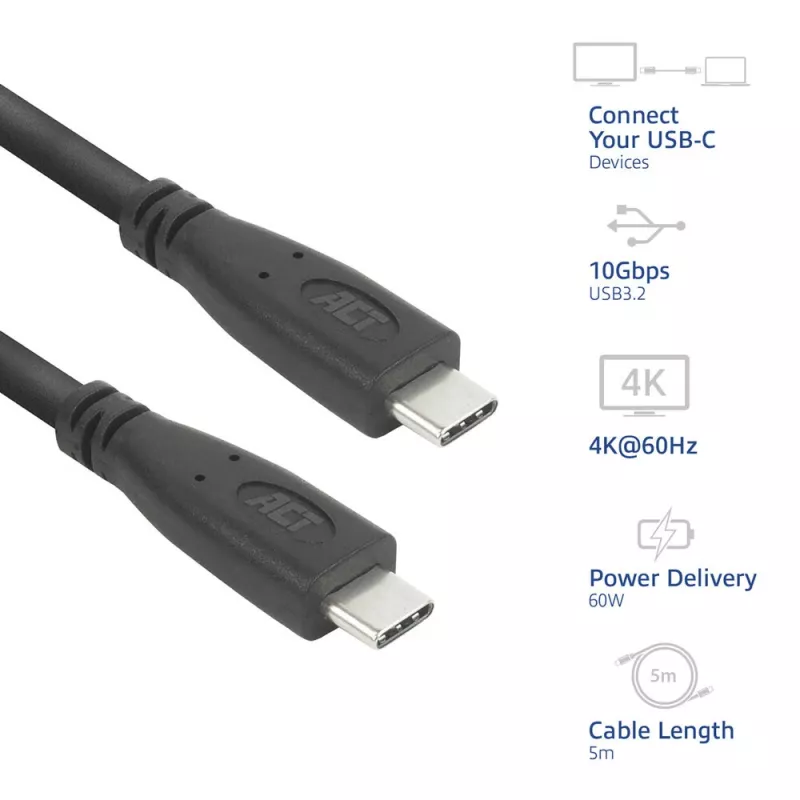 ACT AC7445 USB-kaapeli USB 3.2 Gen 2 (3.1 Gen 2) 5 m USB C 10 Gbit/s 60 W musta