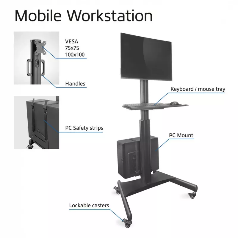 ACT mobiilityöasema yhdelle näytölle, CPU-telineellä, näppäimistö- ja hiiritasolla