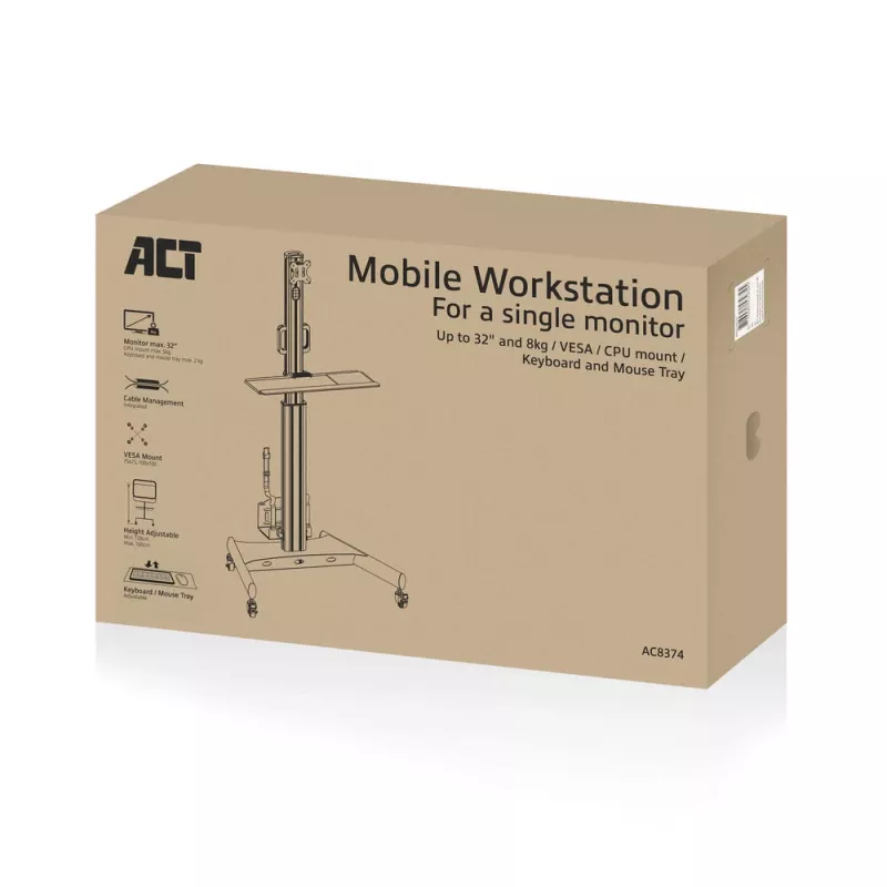 ACT mobiilityöasema yhdelle näytölle, CPU-telineellä, näppäimistö- ja hiiritasolla