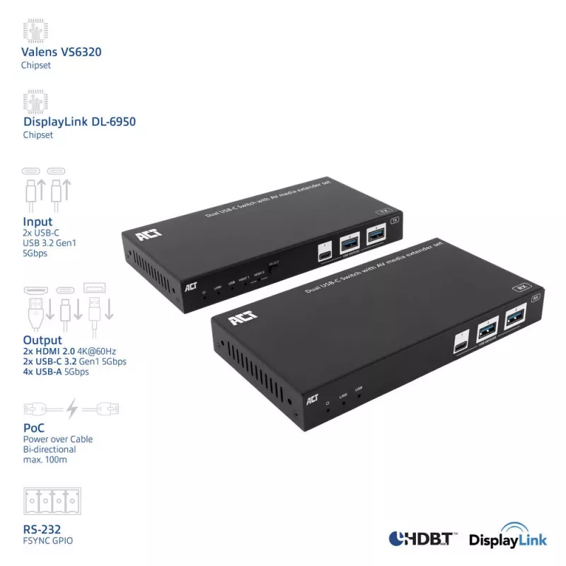 ACT AV-mediakantamasetti kahdella USB-C-kytkimellä, CAT6A, 100 metriä
