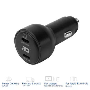 ACT 2-porttinen USB-C-pikalaturi autoon 95W Power Delivery PPS:llä, Quick Charge ja GaNFast