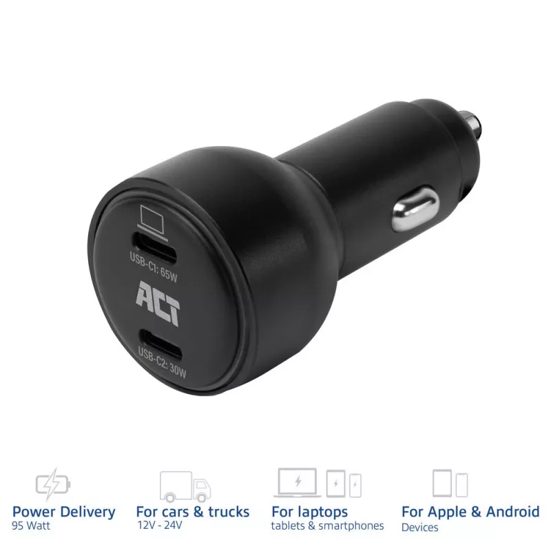 ACT 2-porttinen USB-C-pikalaturi autoon 95W Power Delivery PPS:llä, Quick Charge ja GaNFast