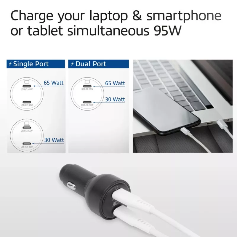 ACT 2-porttinen USB-C-pikalaturi autoon 95W Power Delivery PPS:llä, Quick Charge ja GaNFast
