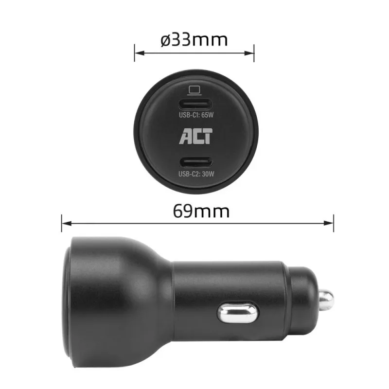 ACT 2-porttinen USB-C-pikalaturi autoon 95W Power Delivery PPS:llä, Quick Charge ja GaNFast