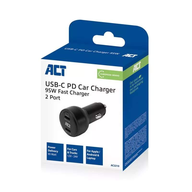 ACT 2-porttinen USB-C-pikalaturi autoon 95W Power Delivery PPS:llä, Quick Charge ja GaNFast