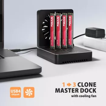 AXAGON ADSA-M2C44 USB4 40Gbps 4-paikkainen M.2 NVMe SSD-telakka offline-kloonaustoiminnolla, alumiini, aktiivinen jäähdytys