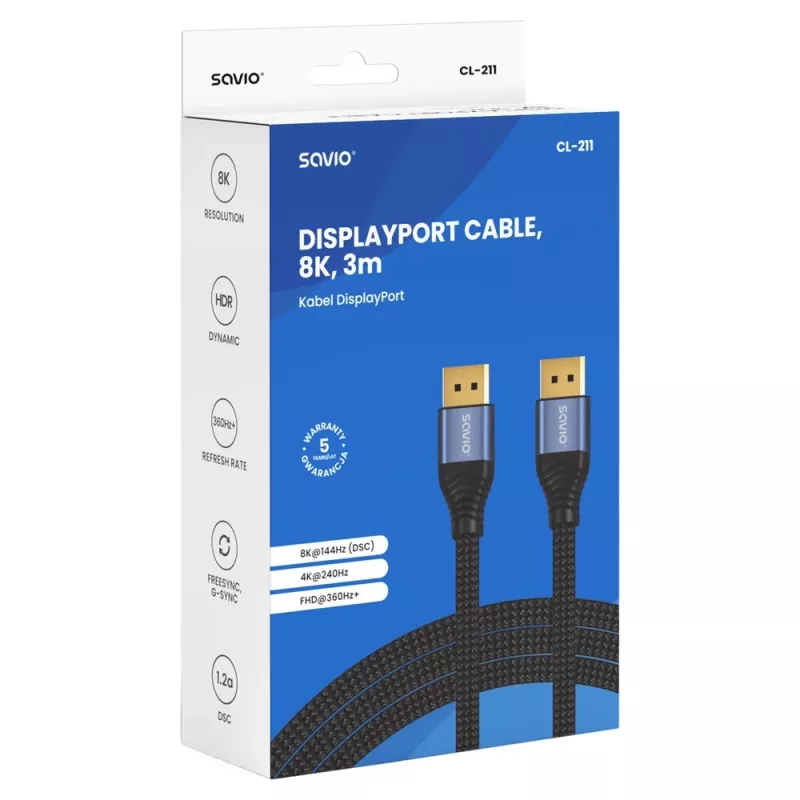 SAVIO CL-211 DisplayPort 2.1 -kaapeli 3m musta