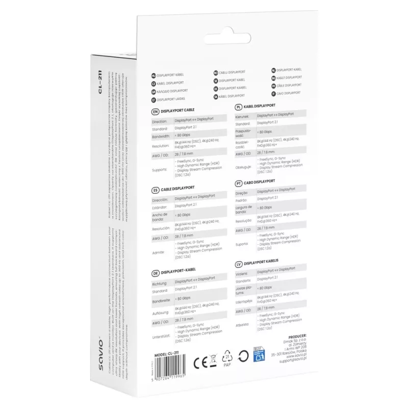 SAVIO CL-211 DisplayPort 2.1 -kaapeli 3m musta