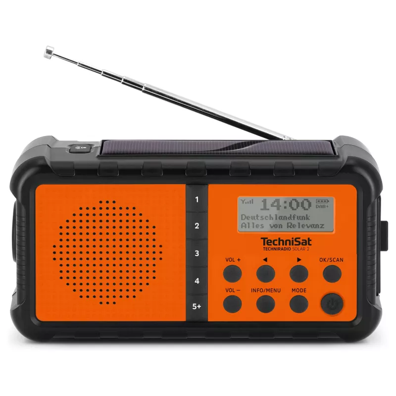 TechniSat TechniRadio Solar 2 DAB+/FM kannettava radio aurinkopaneelilla ja käsikammella, musta/oranssi