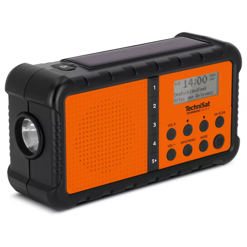 TechniSat TechniRadio Solar 2 DAB+/FM kannettava radio aurinkopaneelilla ja käsikammella, musta/oranssi