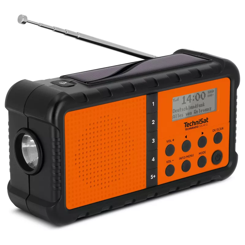 TechniSat TechniRadio Solar 2 DAB+/FM kannettava radio aurinkopaneelilla ja käsikammella, musta/oranssi