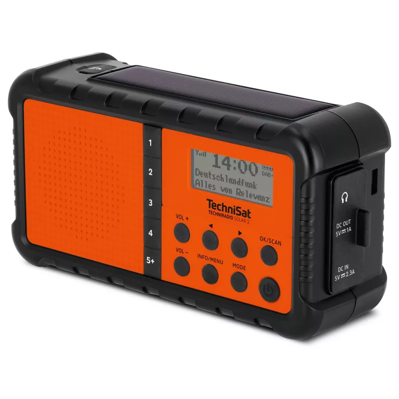 TechniSat TechniRadio Solar 2 DAB+/FM kannettava radio aurinkopaneelilla ja käsikammella, musta/oranssi