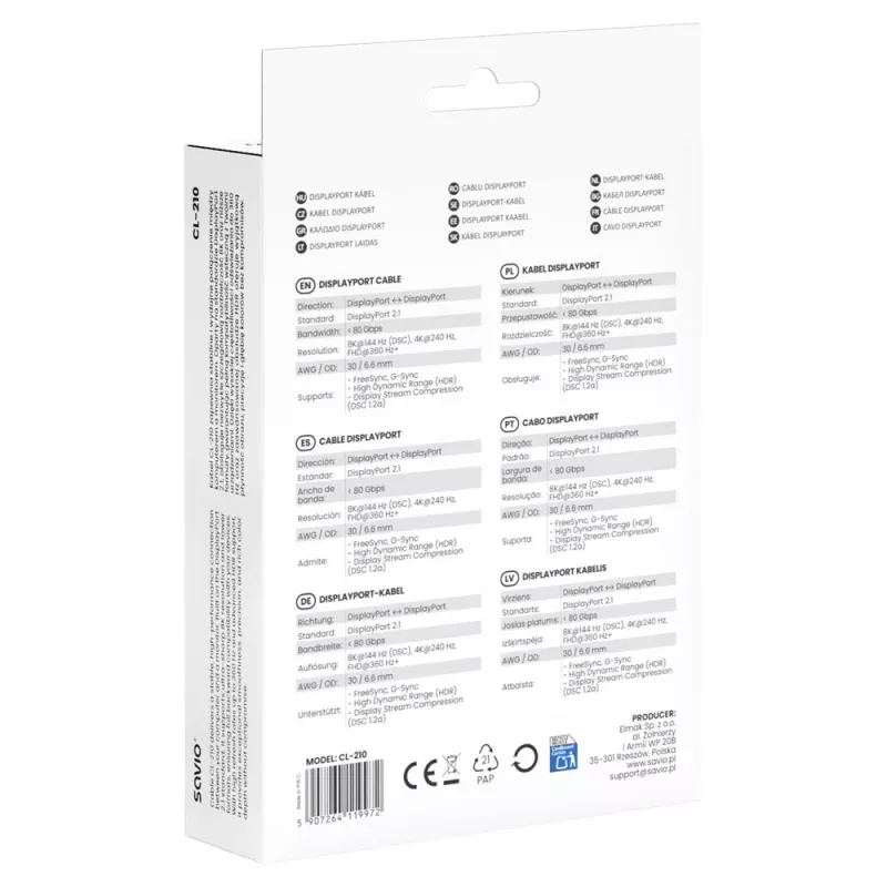 SAVIO CL-210 DisplayPort 2.1 -kaapeli 2m musta