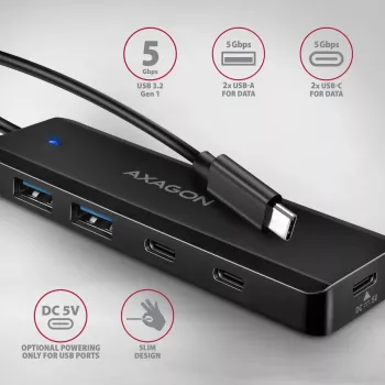 AXAGON HUE-C2C USB-C 5 Gbps matkakeskitin, 2x USB-A + 2x USB-C, USB-C Power IN, 19 cm kaapeli