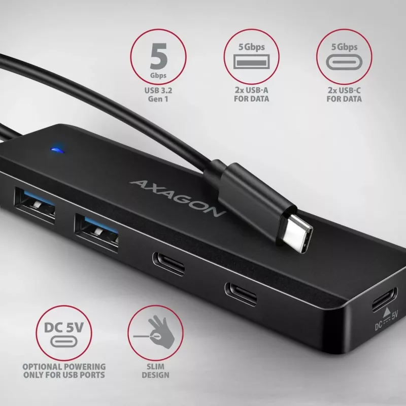 AXAGON HUE-C2C USB-C 5 Gbps matkakeskitin, 2x USB-A + 2x USB-C, USB-C Power IN, 19 cm kaapeli