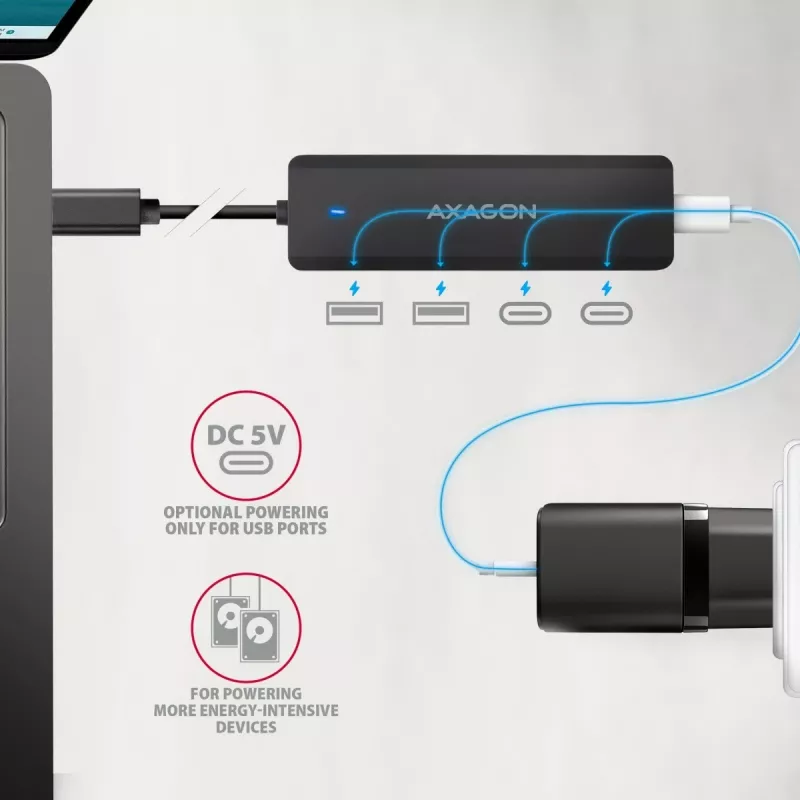 AXAGON HUE-C2C USB-C 5 Gbps matkakeskitin, 2x USB-A + 2x USB-C, USB-C Power IN, 19 cm kaapeli