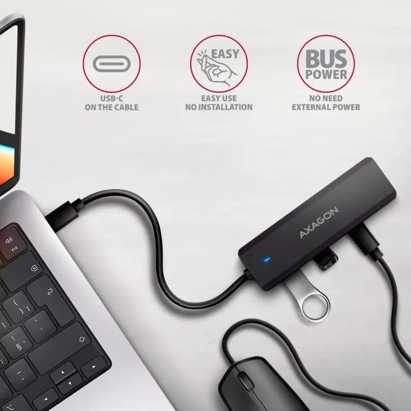 AXAGON HUE-C2C USB-C 5 Gbps matkakeskitin, 2x USB-A + 2x USB-C, USB-C Power IN, 19 cm kaapeli