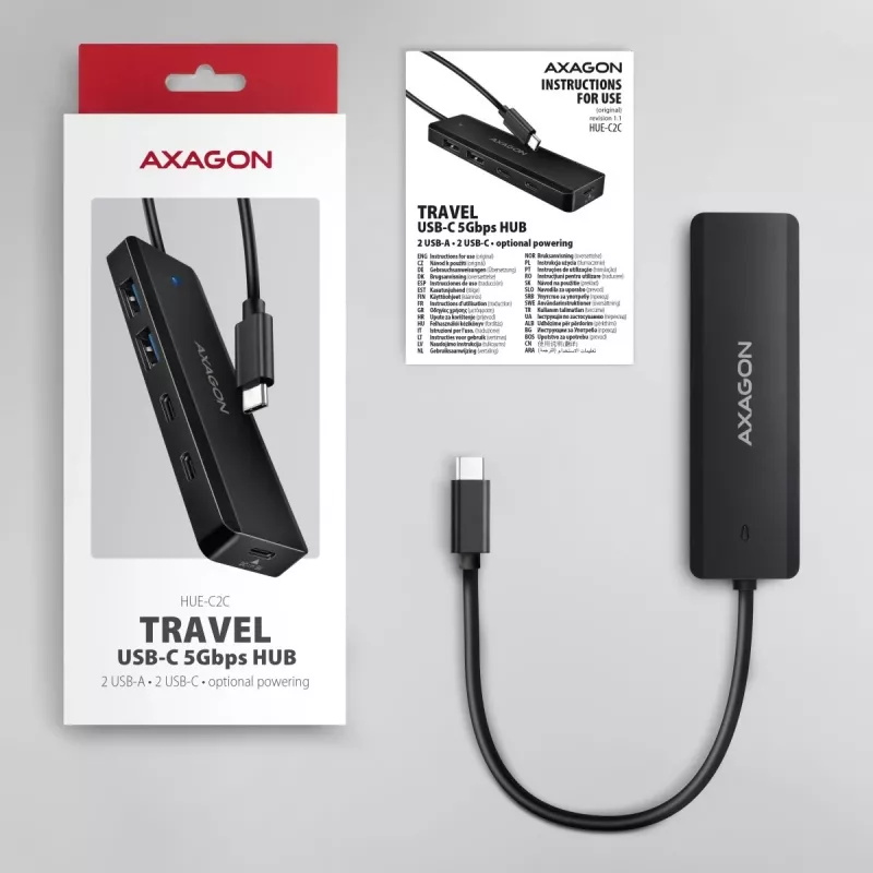 AXAGON HUE-C2C USB-C 5 Gbps matkakeskitin, 2x USB-A + 2x USB-C, USB-C Power IN, 19 cm kaapeli