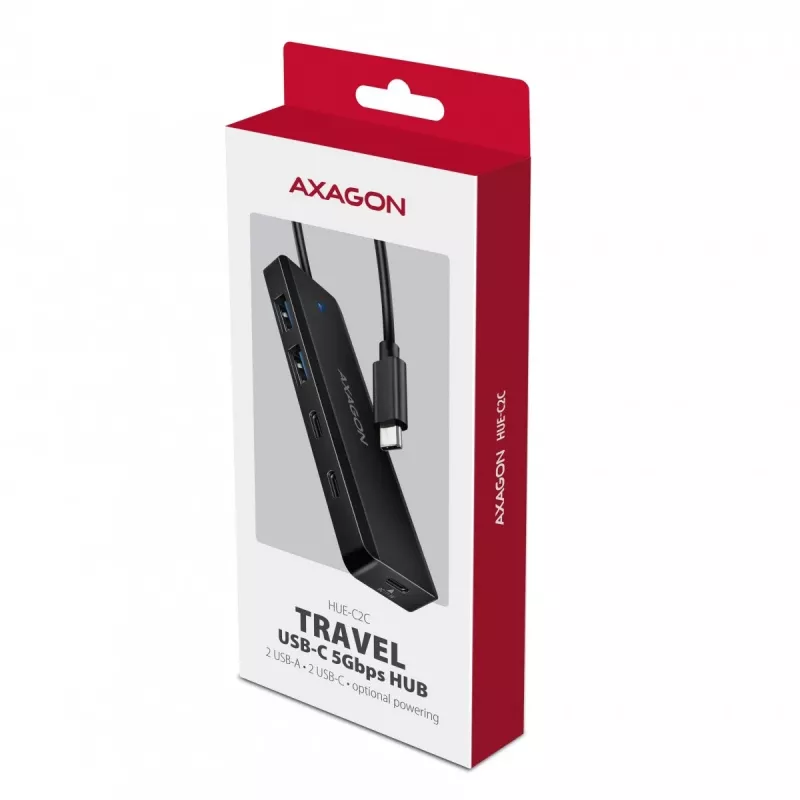 AXAGON HUE-C2C USB-C 5 Gbps matkakeskitin, 2x USB-A + 2x USB-C, USB-C Power IN, 19 cm kaapeli