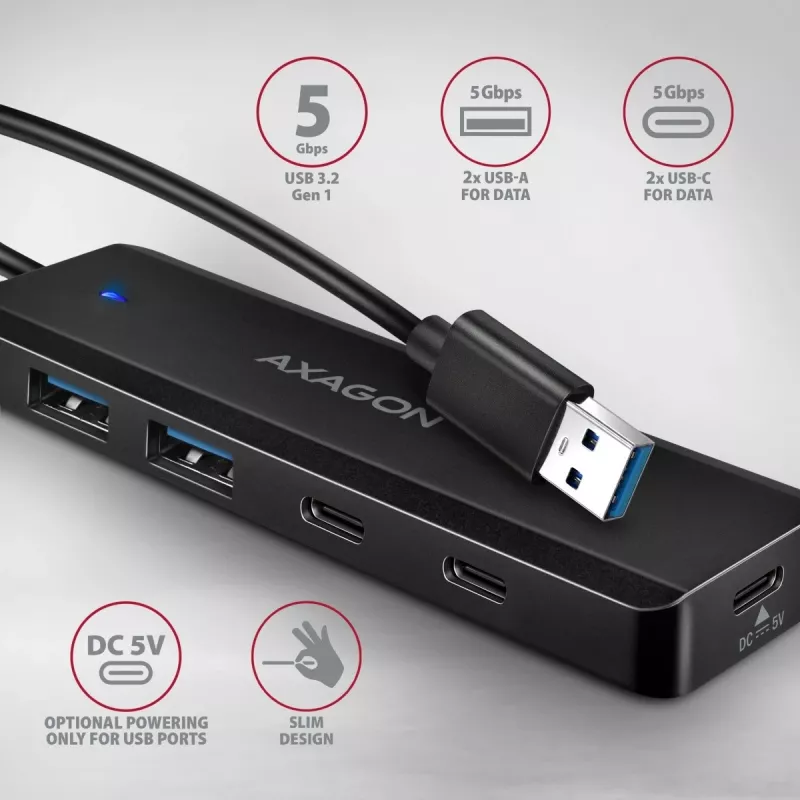 AXAGON HUE-C2A 5 Gbps matkakeskitin, 2x USB-A + 2x USB-C, USB-C Power IN, 19 cm USB-A-kaapeli