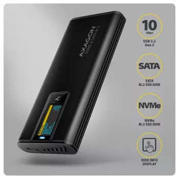 AXAGON EEM2-SD2B ulkoinen kotelo 10Gbps M.2 NVMe/SATA SSD LED-näytöllä, USB-C, musta