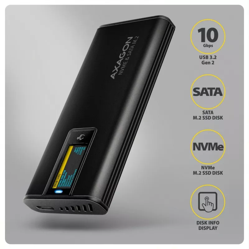 AXAGON EEM2-SD2B ulkoinen kotelo 10Gbps M.2 NVMe/SATA SSD LED-näytöllä, USB-C, musta