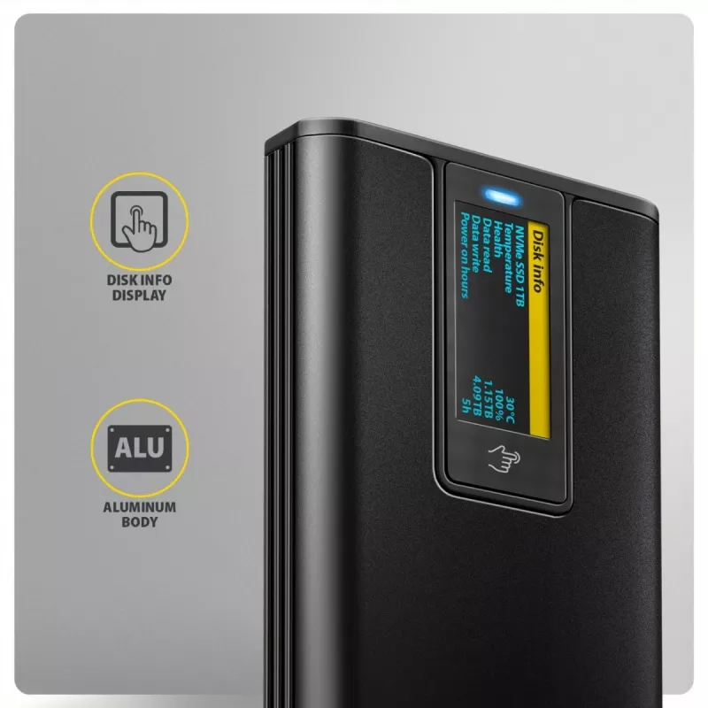 AXAGON EEM2-SD2B ulkoinen kotelo 10Gbps M.2 NVMe/SATA SSD LED-näytöllä, USB-C, musta
