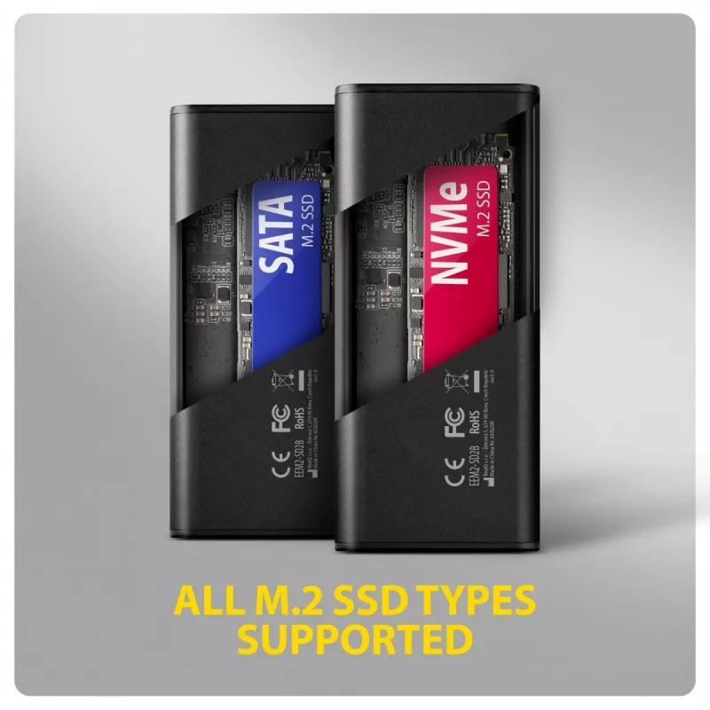 AXAGON EEM2-SD2B ulkoinen kotelo 10Gbps M.2 NVMe/SATA SSD LED-näytöllä, USB-C, musta
