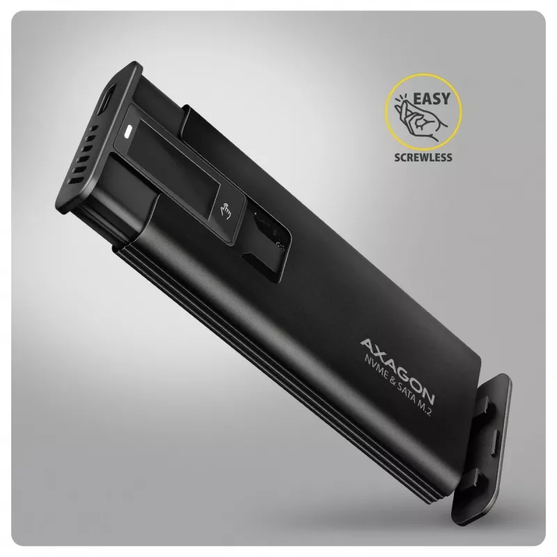 AXAGON EEM2-SD2B ulkoinen kotelo 10Gbps M.2 NVMe/SATA SSD LED-näytöllä, USB-C, musta