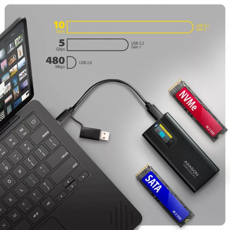 AXAGON EEM2-SD2B ulkoinen kotelo 10Gbps M.2 NVMe/SATA SSD LED-näytöllä, USB-C, musta