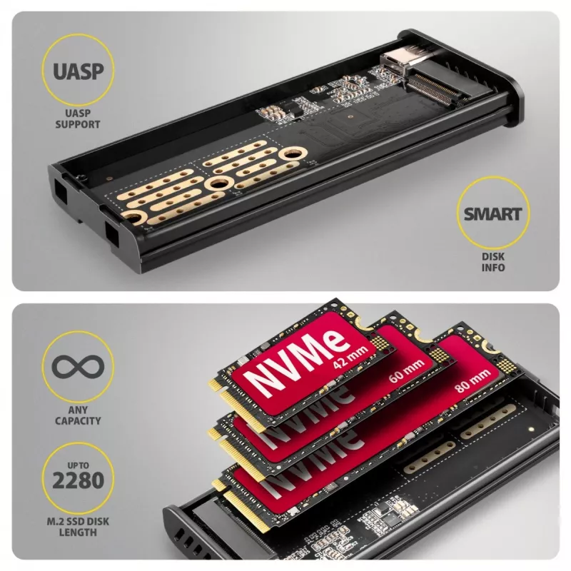 AXAGON EEM2-SD2B ulkoinen kotelo 10Gbps M.2 NVMe/SATA SSD LED-näytöllä, USB-C, musta